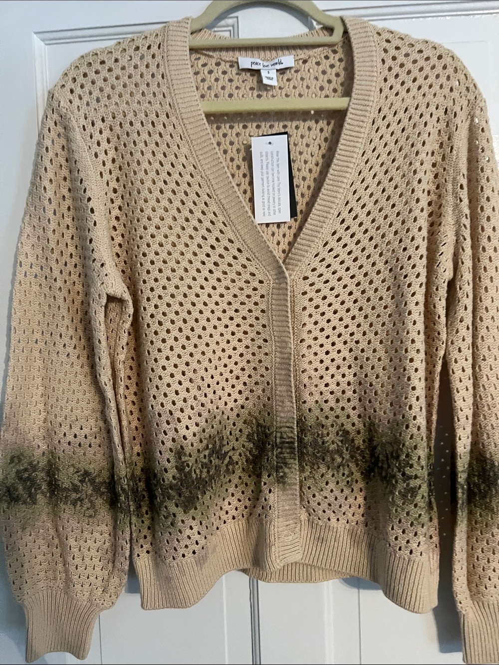 Peace Love World Beige Open-Knit V-Neck Cardigan with Olive Band
